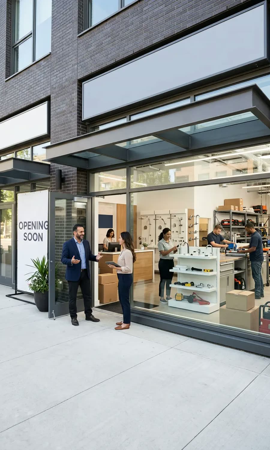 Owners standing outside a new storefront preparing to open