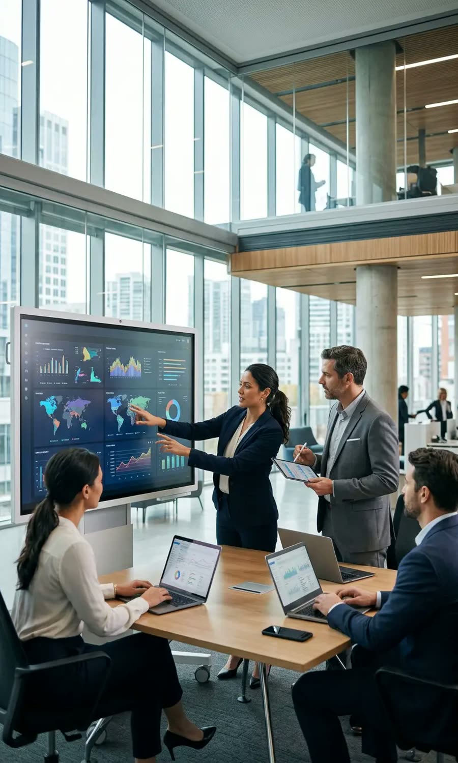 Team reviewing analytics dashboards on a large office display