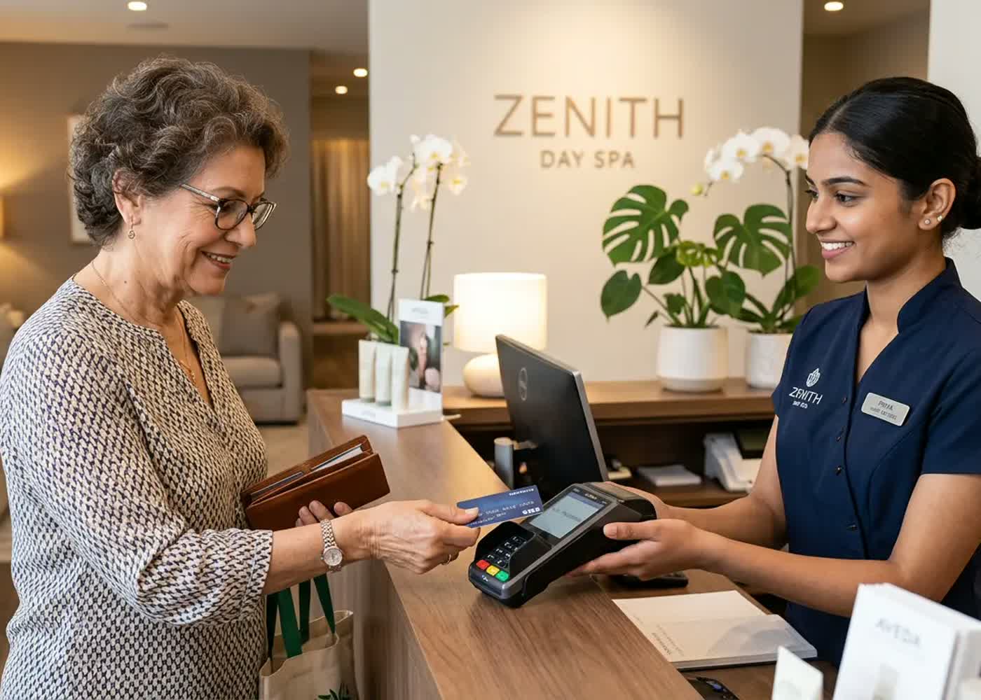 Customer tapping a card on a contactless payment terminal