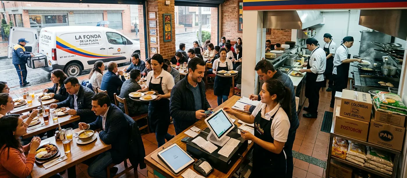 Busy restaurant dining room with staff processing a payment at the counter