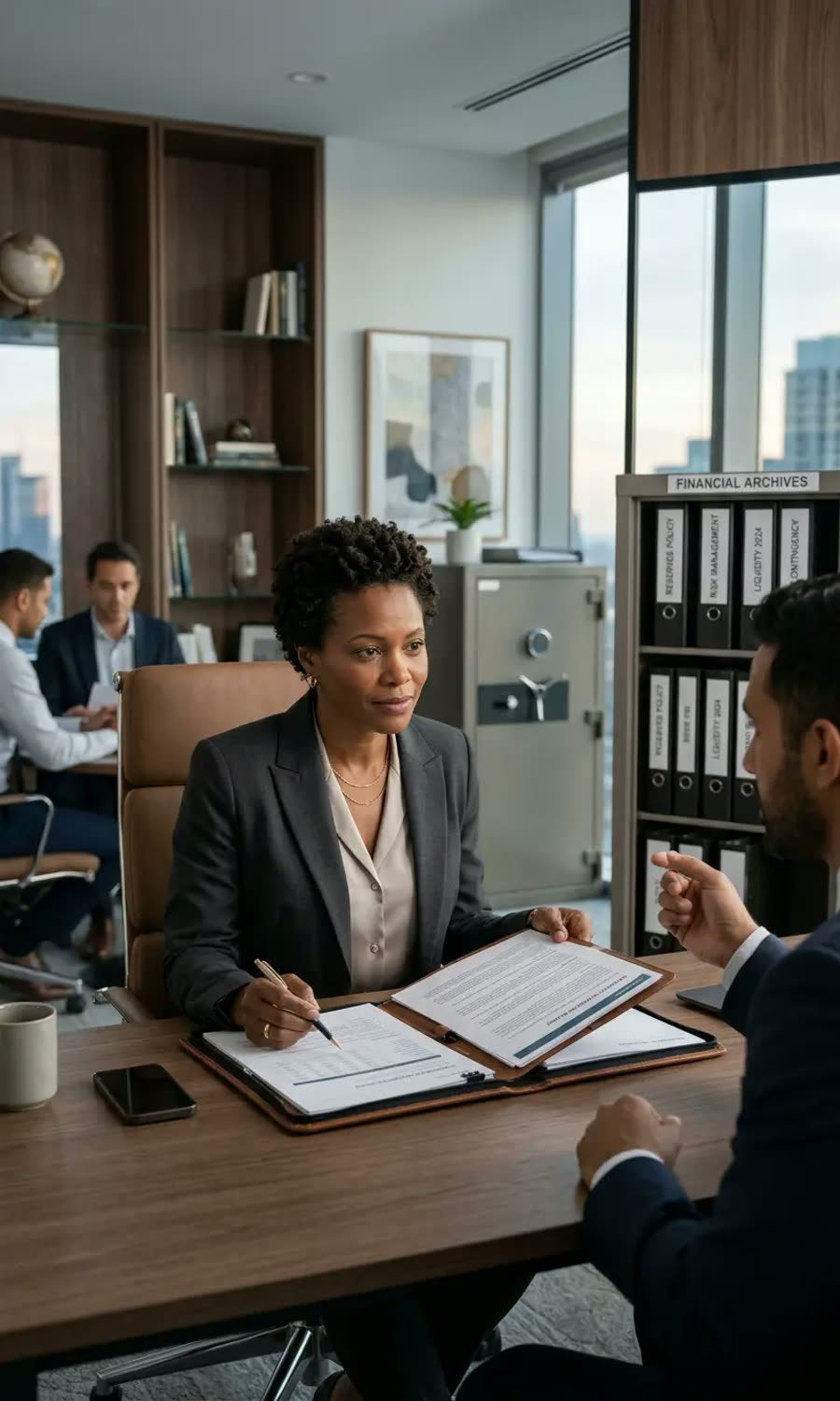 Finance executive discussing reserve policy documents in an office