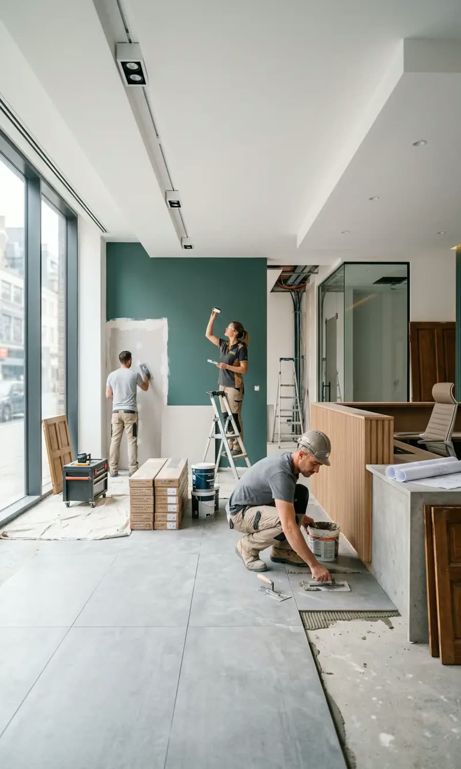 Crew renovating a modern retail storefront interior
