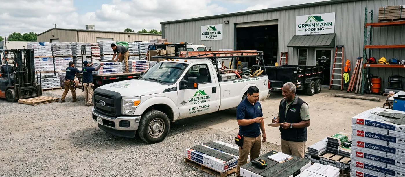 Roofing company yard with crew, work truck and pallets of shingles