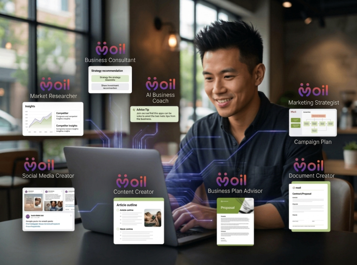 Moil AI co-founder assistants for market research, content, documents, and business planning