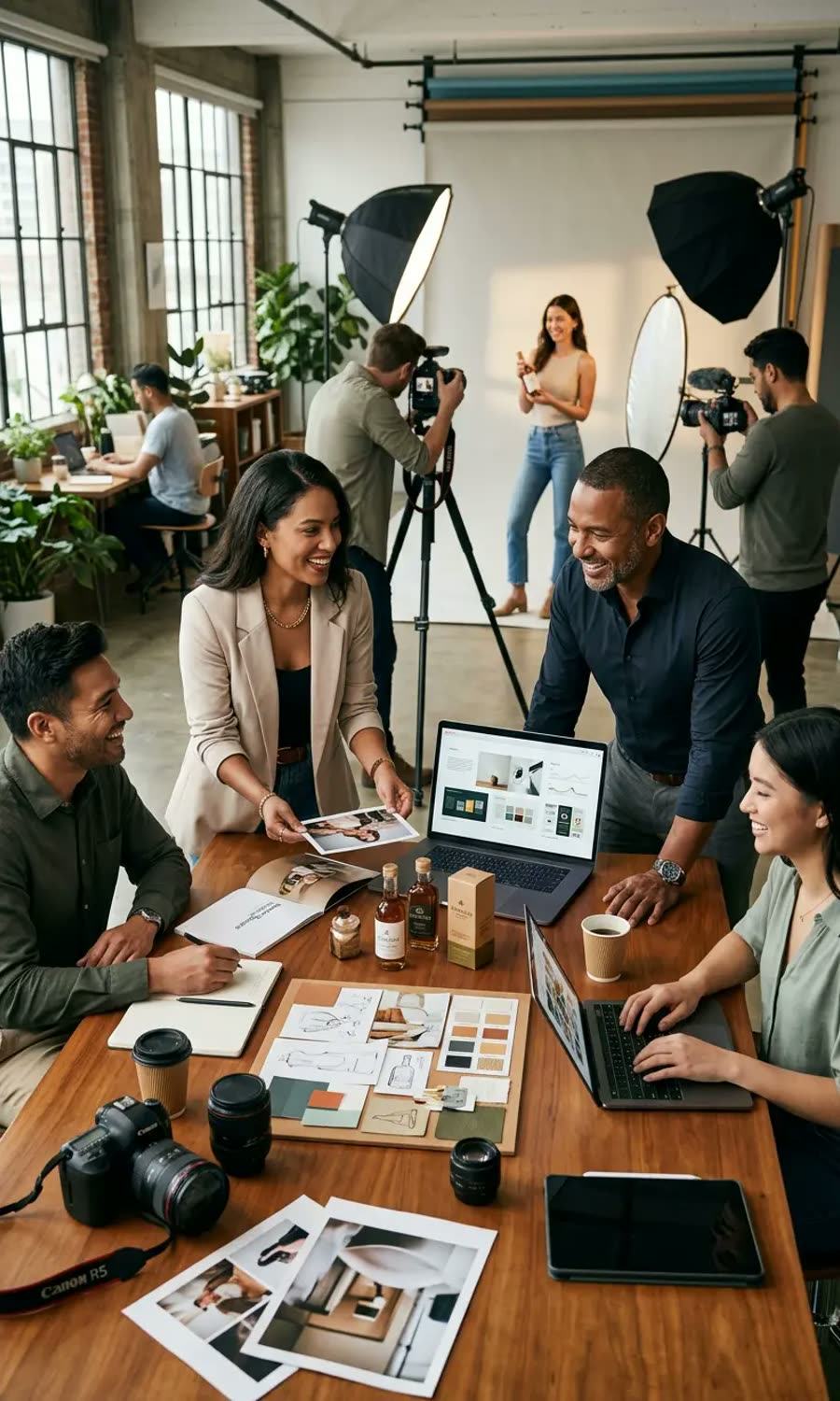 Creative team planning a product photo shoot in a studio
