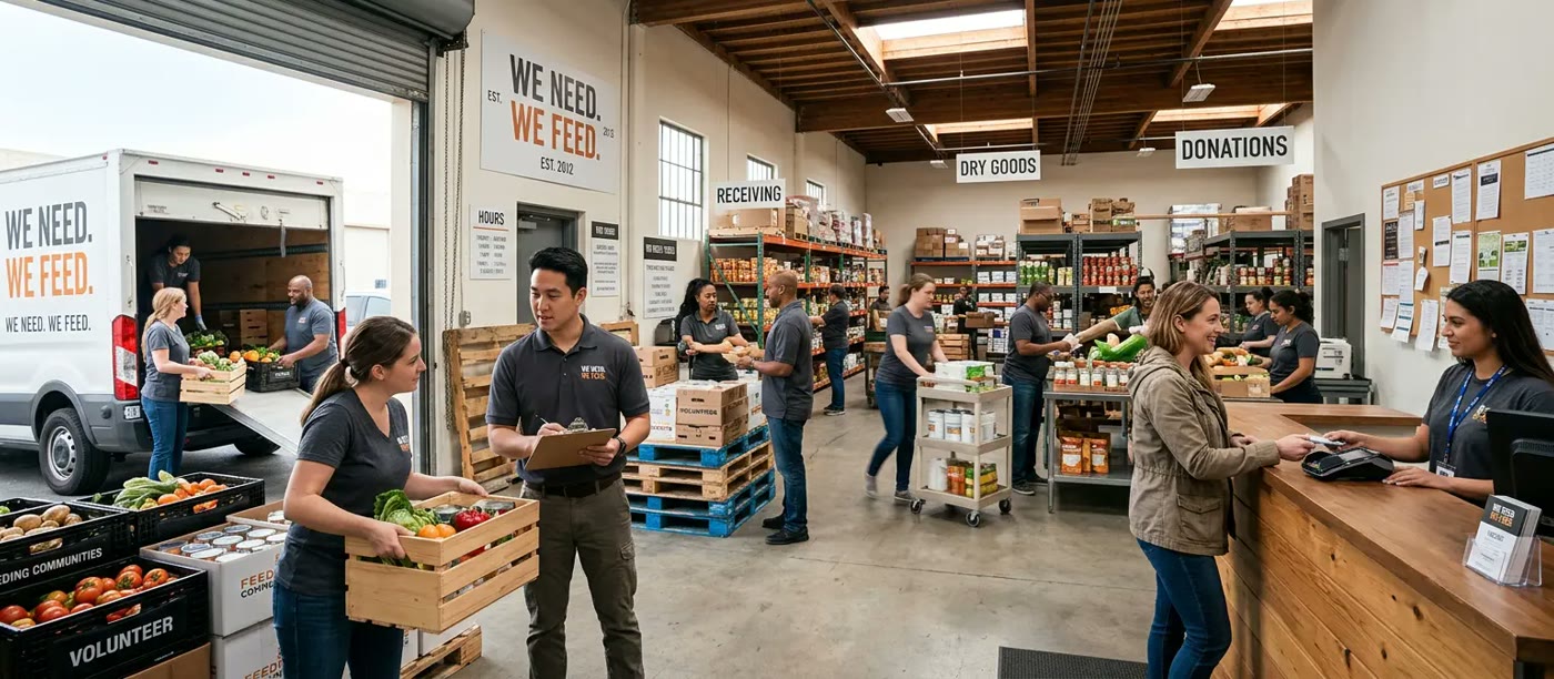 Nonprofit food bank warehouse with volunteers sorting donations