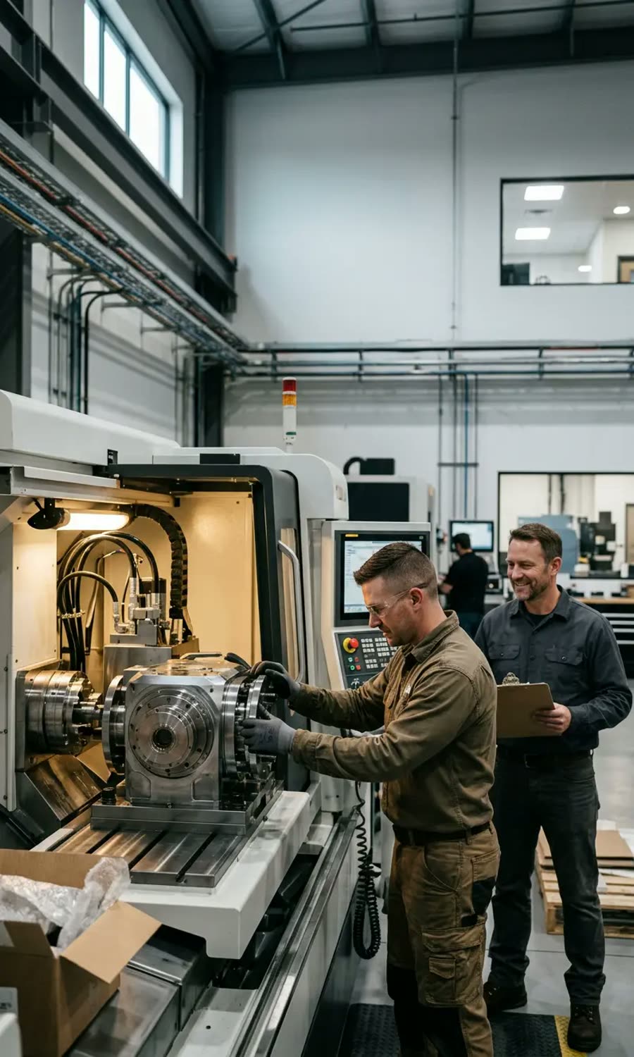 Technicians operating new precision machining equipment in a workshop