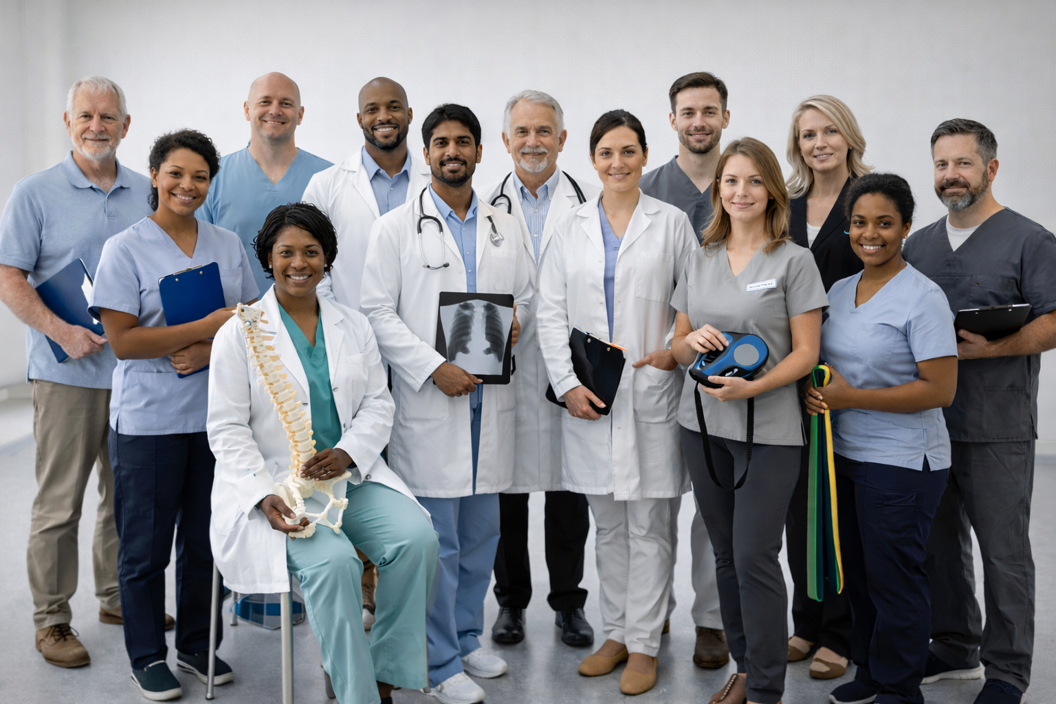 Diverse team of physicians, nurses and clinical staff in a modern practice