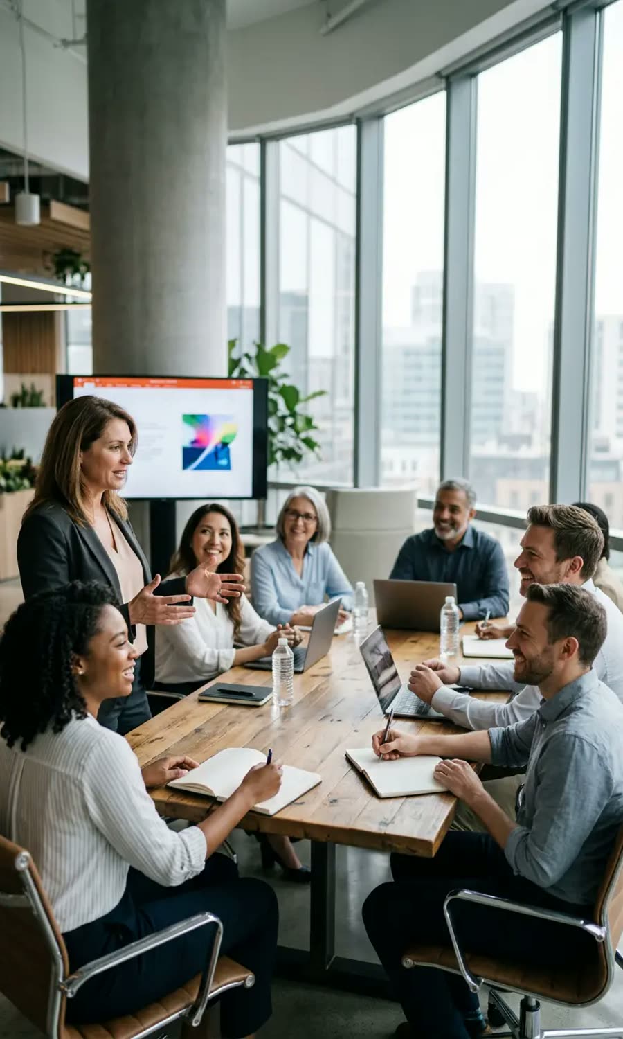 Manager leading a training session with employees around a conference table