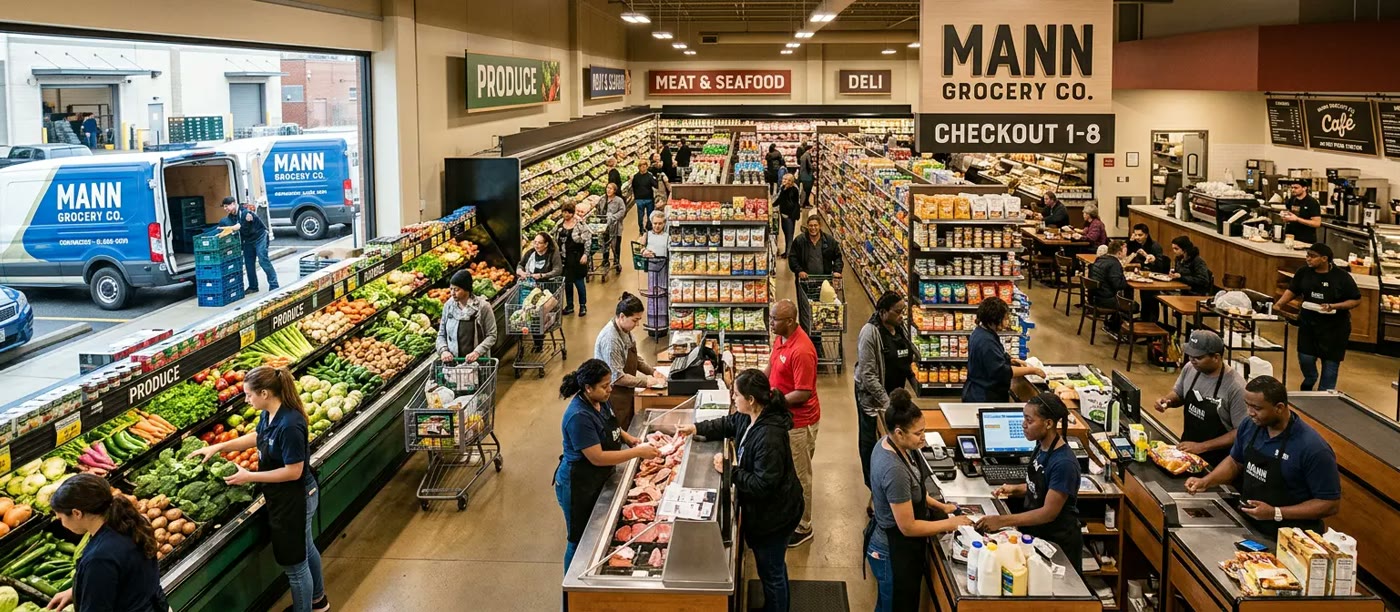 Grocery store interior with shoppers, checkout lanes and in-store cafe