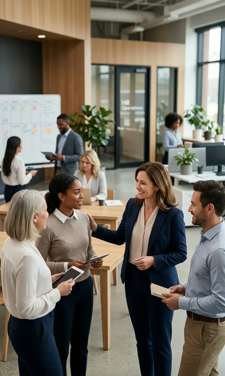 HR leaders meeting with employees in an open office