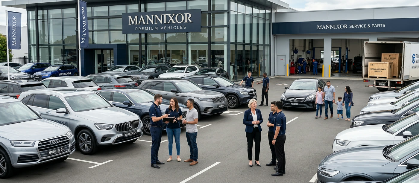 Car dealership lot with sales staff and customers among new vehicles