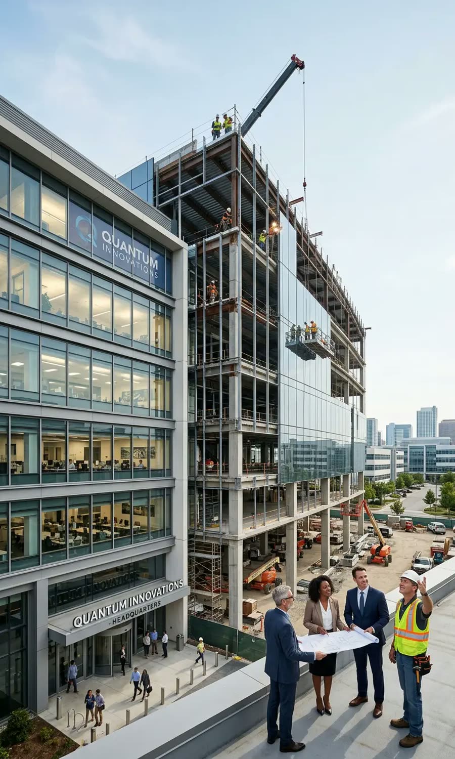 Executives reviewing plans beside a corporate headquarters under construction