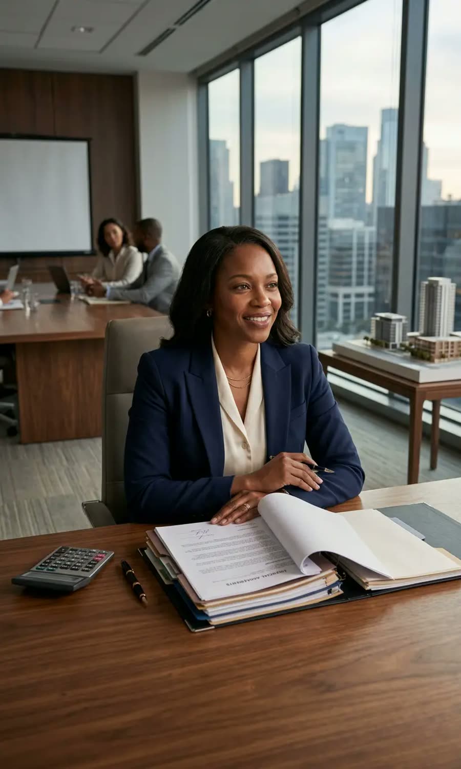Business owner reviewing financial statements in a boardroom