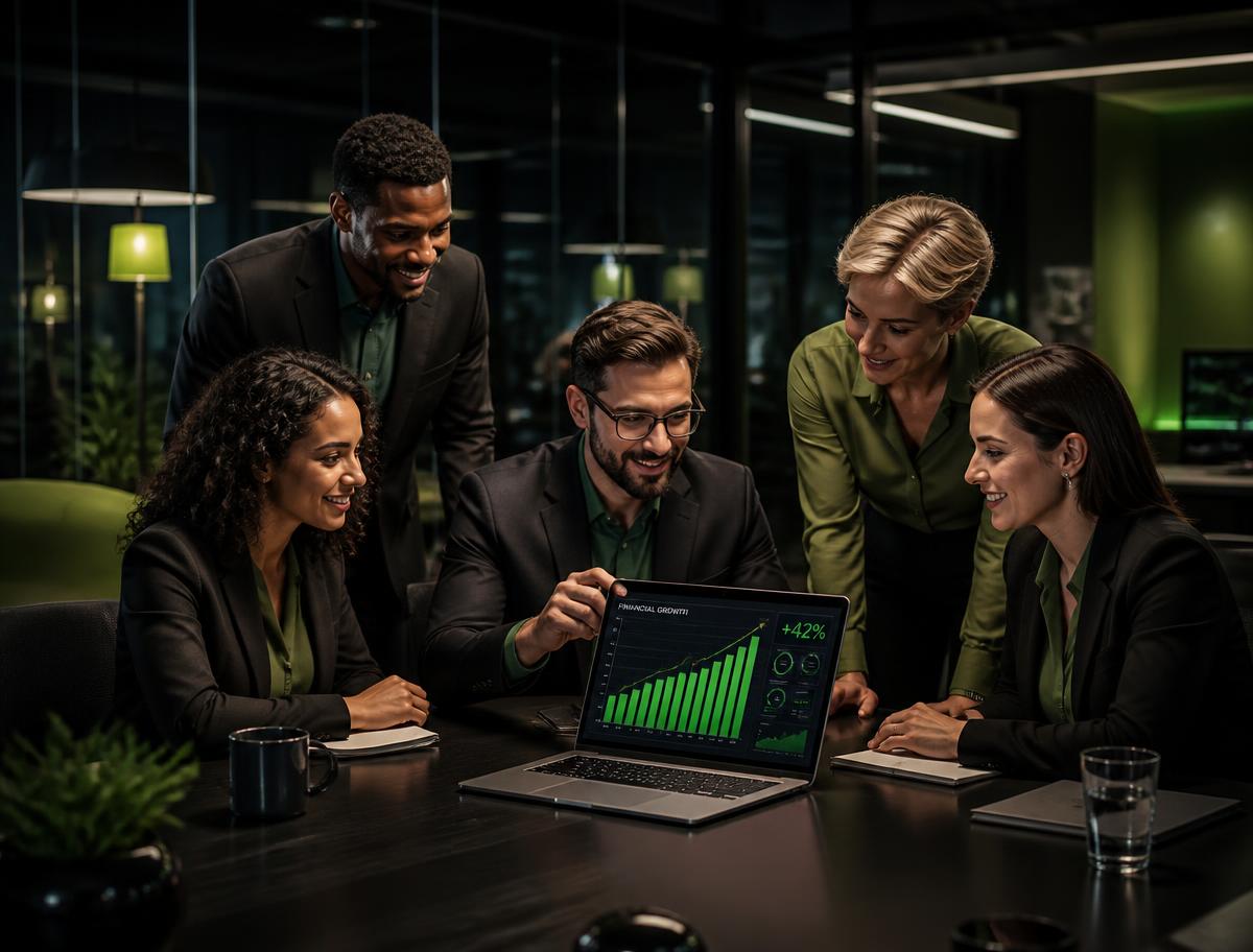 A diverse business team reviewing financial growth results together
