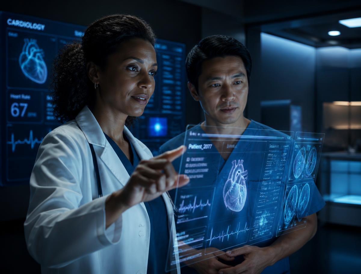 Two clinicians reviewing patient data on a transparent digital display