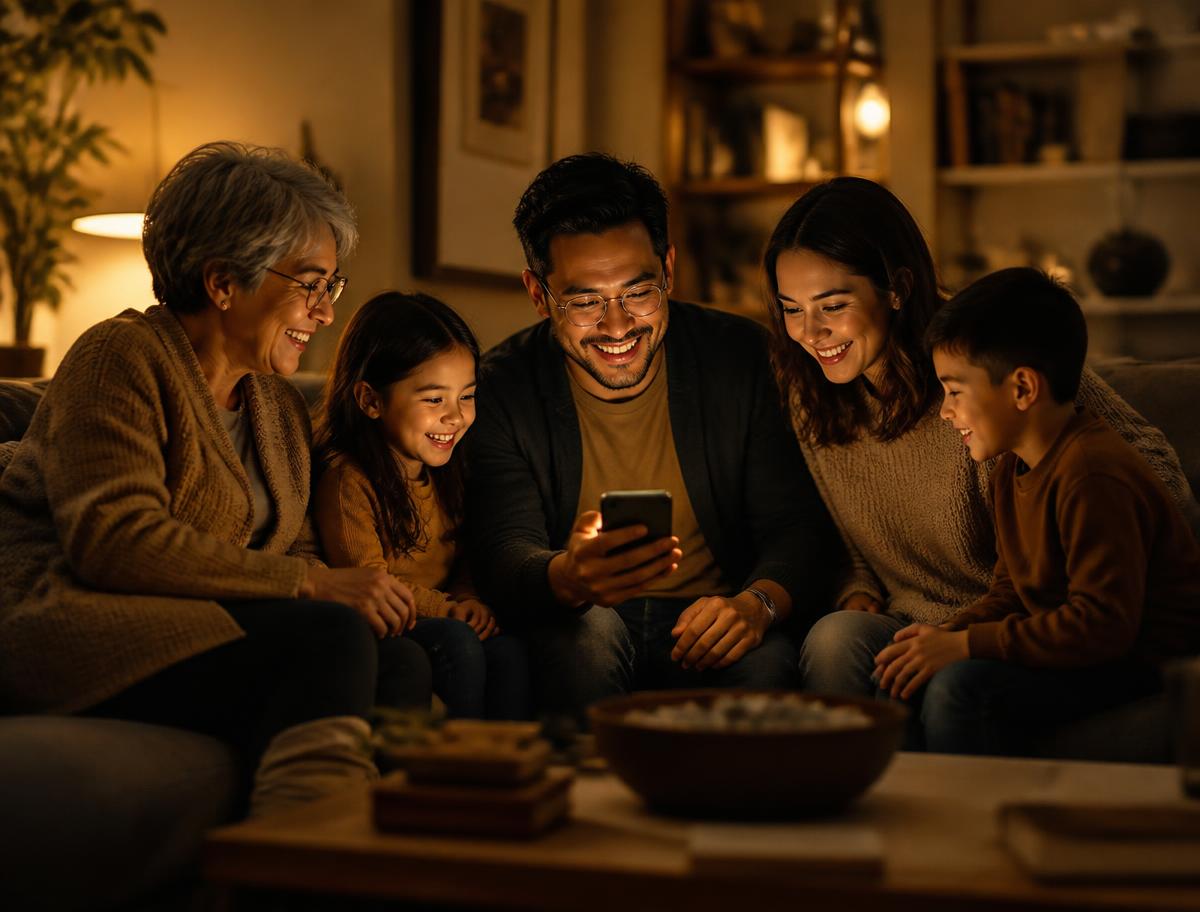 A multigenerational family gathered together at home in warm evening light